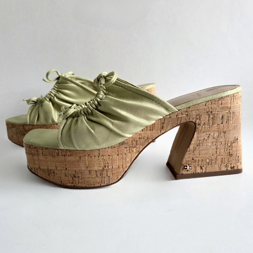 Sam Edelman Cork Platform Slip-On Sandals, Green Satin & Cork, EUC Size 9 - Picture 15 of 16
